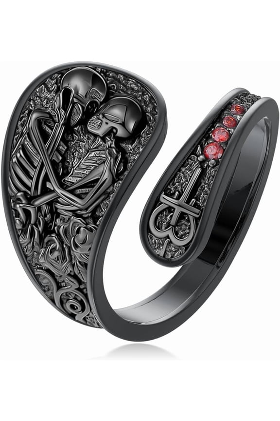 Skull Couple Spoon Rings for Women 925 Sterling Silver Black Adjustable Punk Skull Rings Open Antique Skeleton Spoon Rings Jewelry for Women Hallowee Birthday Christmas Gifts