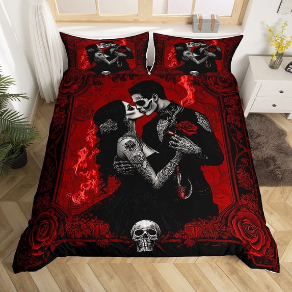 Skull Couple Duvet Cover,Kissing Lovers Skeleton Comforter Cover,Vintage Rose Flower Bedding Set,Gothic Spooky Lover Quilt Cover Valentine'S Day Bed Set（No Comforter）