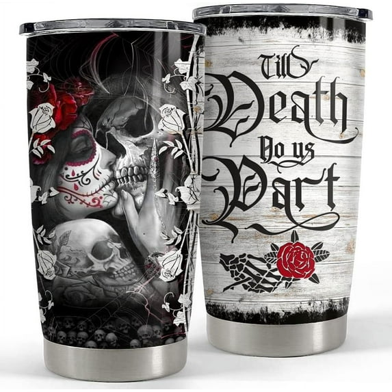 Skull Couple Tumbler Till Dead Do Us Part 20oz Stainless Steel Insulated Travel Mug Christmas Birthday Valentine Gift for Wife Husband Boyfriend Girlfriend Tattoo Lovers