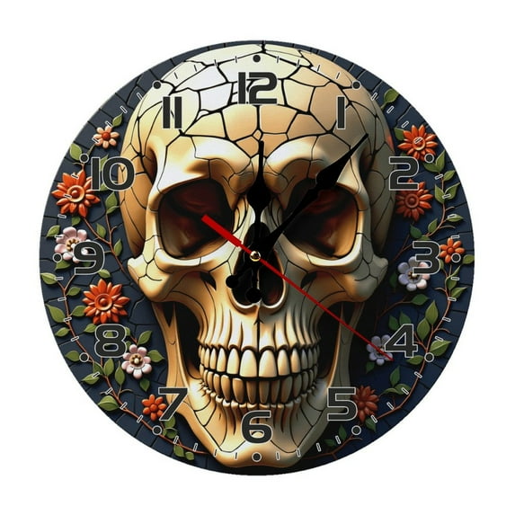 Skull Cracked Wall Clock 10 Inch Silent Non Ticking Round Wooden Clock Decoration for Living Room Kitchen Bedroom Bathroom Office Classroom