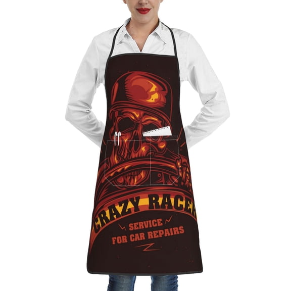 Skull Crazy Racer Gothic Vintage Apron with Pocket Cooking Waterproof Bib Aprons for Kitchen Baking Chef Gardening BBQ