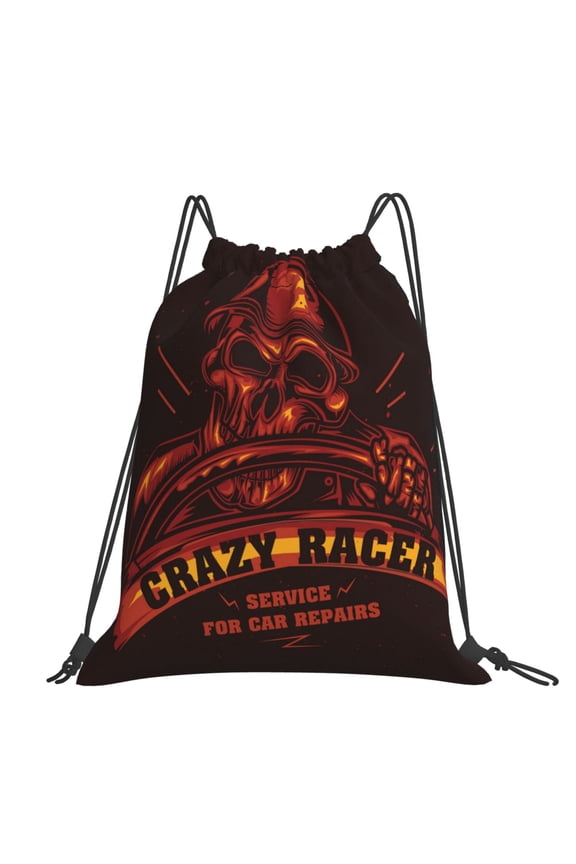 Skull Crazy Racer Gothic Vintage Large Drawstring Backpack Casual Cinch Sack Bag Backpack for Sports Hiking Travel Gym