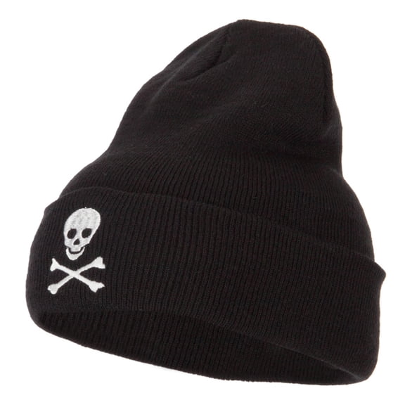 Skull Cross Bones Embroidered Long Beanie - Black OSFM