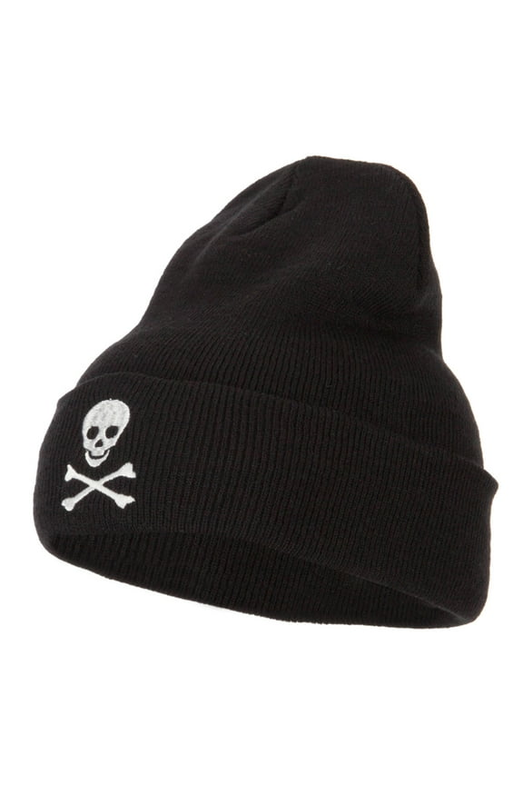 Skull Cross Bones Embroidered Long Beanie - Black OSFM