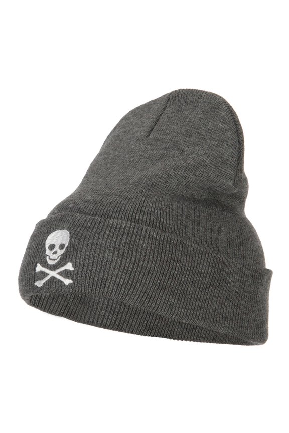 Skull Cross Bones Embroidered Long Beanie - Dk Grey OSFM