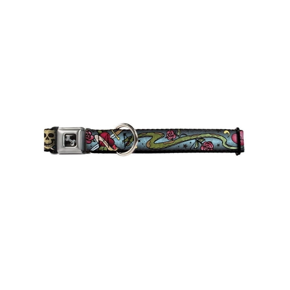 Skull Cross Bones Heart Knife Snake Collage on Blue Animal Seatbelt Pet Collar