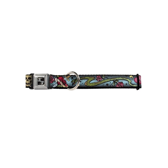 Skull Cross Bones Heart Knife Snake Collage on Blue Animal Seatbelt Pet Collar