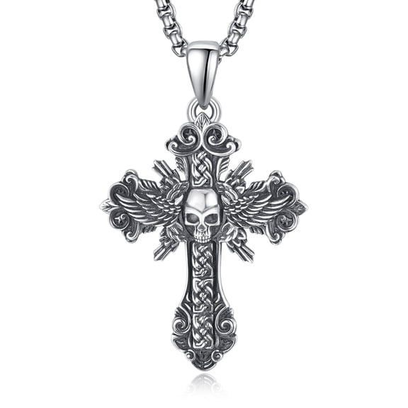 Skull Cross Necklace for Men - 925 Sterling Silver Gothic Skull Cross Pendant with Celtic Knot Vintage Halloween Religious Jewelry Gift for Men