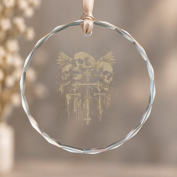 Skull Cross Wings Y2K Goth Alt Grunge Emo Ornament, Home Decoration, Circle Glass Ornament
