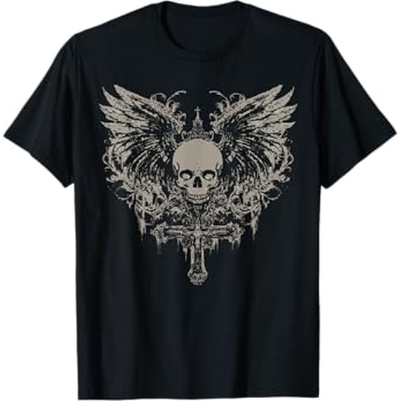 Skull Cross Y2K Goth Alt Grunge Gothic Emo Aesthetic Wings T-Shirt