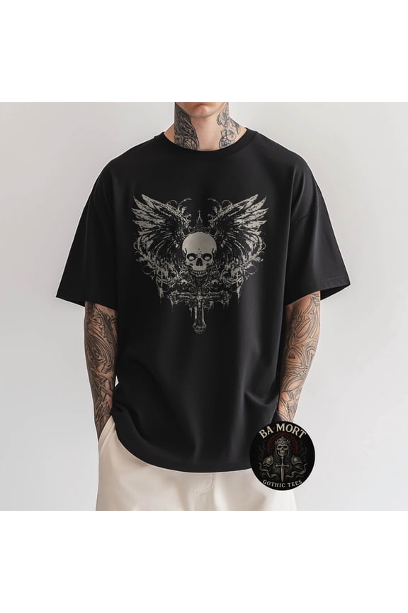 Skull Cross Y2K Goth Alt Grunge Gothic Emo Aesthetic Wings T-Shirt