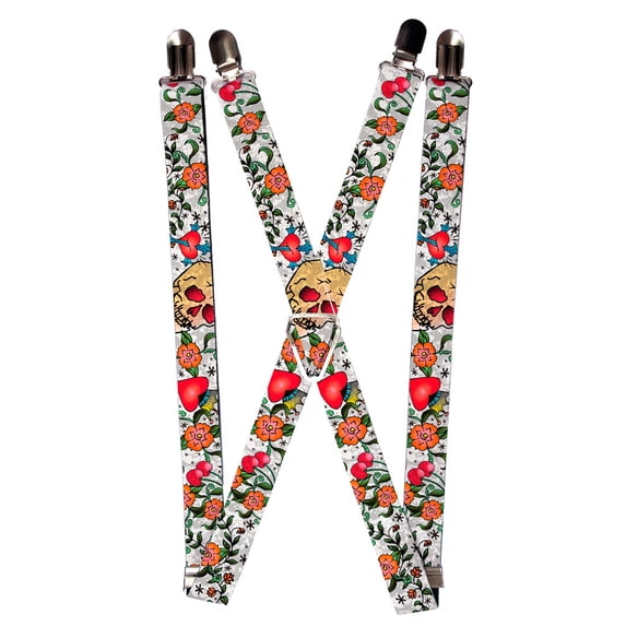 Skull Cross heart Flowers Floral Collage Suspenders