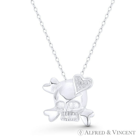 Skull, Crossbone, & Heart Charm "Love Til Death" Pendant & Chain Necklace in .925 Sterling Silver