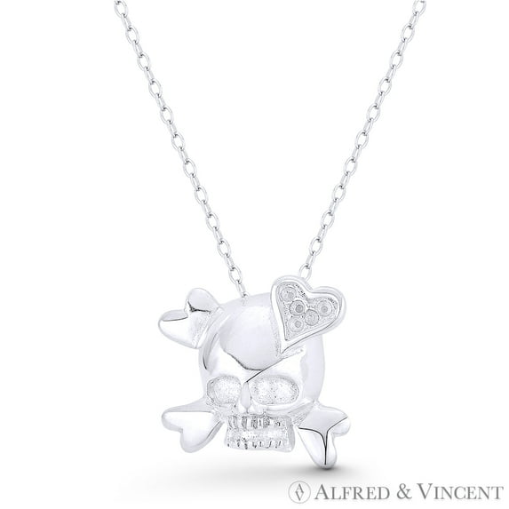 Skull, Crossbone, & Heart Charm "Love Til Death" Pendant & Chain Necklace in .925 Sterling Silver