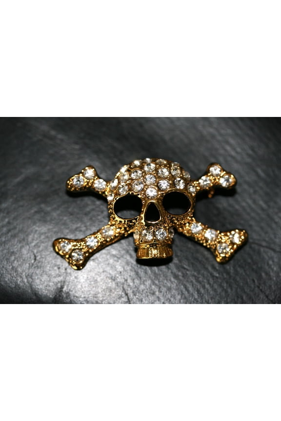 Skull Crossbones Gold Metal Blinged Rhinestones Brooch Crystal Skull Pin