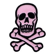 Skull Crossbones Patch 2 3/4 Black On Pink Biker Embroidered Iron On Applique
