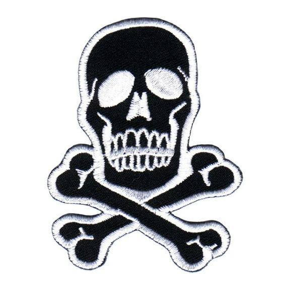 Skull Crossbones Patch 2 3/4" White On Black Biker Embroidered Iron On Applique
