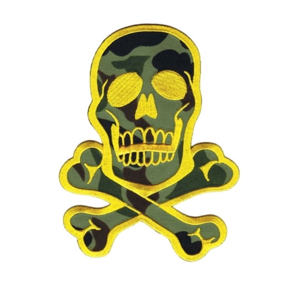 Skull Crossbones Patch Biker Yellow On Camouflage 6" Embroidered IronOn Applique