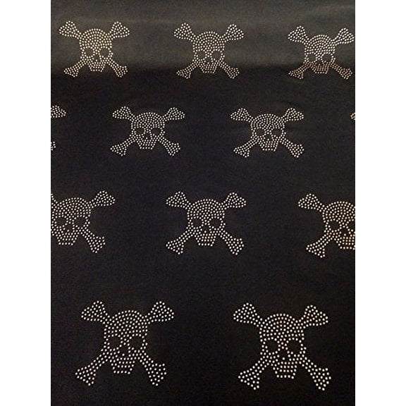 Skull & Crossbones Pattern Mini Metallic Dew Drop Studs on Black Stretch Knit Jersey Polyester Spandex Fabric by The Yard (Gold)