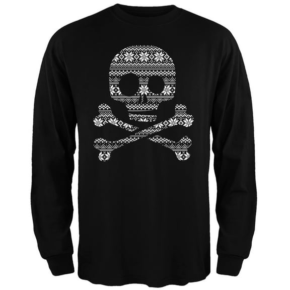 Skull & Crossbones Silhouette Ugly Christmas Sweater Black Adult Long Sleeve T-Shirt - Large