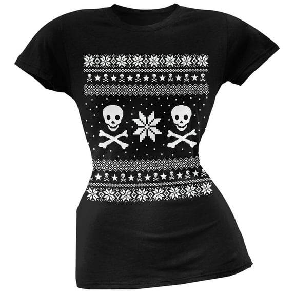 Skull & Crossbones Ugly Christmas Sweater Black Juniors T-Shirt - Medium