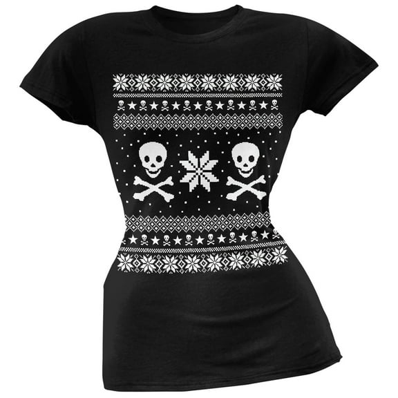 Skull & Crossbones Ugly Christmas Sweater Black Juniors T-Shirt - Small