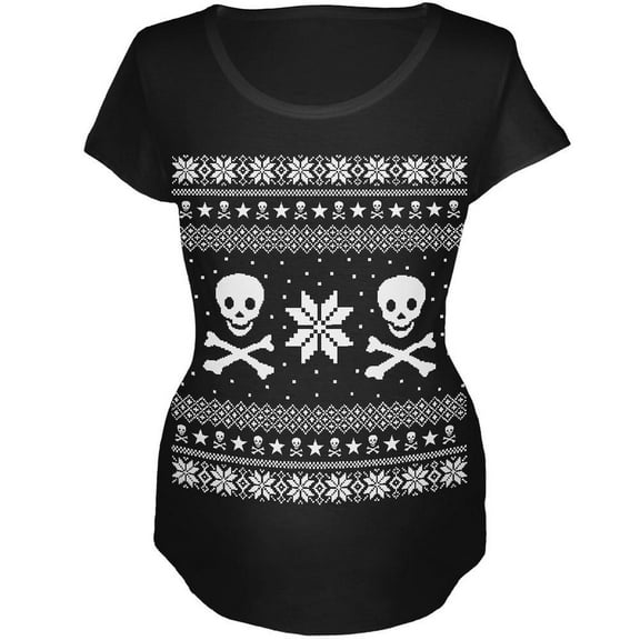Skull & Crossbones Ugly Christmas Sweater Black Maternity Soft T-Shirt - Small