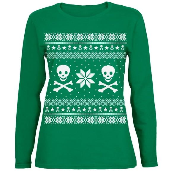 Skull & Crossbones Ugly Christmas Sweater Green Womens Long Sleeve T-Shirt - Small