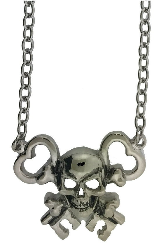 Skull Crossed Keys Necklace Skelton Dog Tag Rock Rebel Pendant Silver Chrome