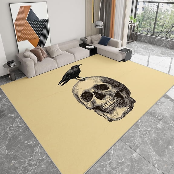 Skull Crow Area Rugs, Retro Skull Crows Carpet, Washable Non Slip Low Pile Soft Rug for Living Room Bedroom Dining Room Decor Mat 5x8ft