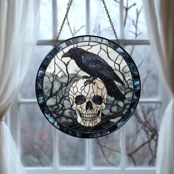 Skull Crow Faux Glass Suncatcher, Spooky Raven Window Decor, 3.5 in