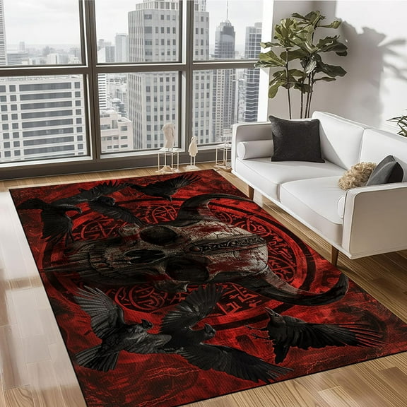 Skull and Crow Rug 5x8, Gothic Area Rugs for Bedroom Living Room Entryway, Raven Patterned Home Decor Carpet, Machine Washable Non Slip Indoor Floor Large Rug