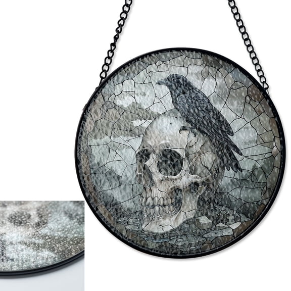Skull Crow Stained Glass Suncatcher, Spooky Window Hanging Panel