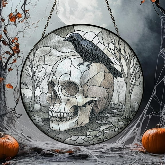 Skull Crow Stained Glass Window Hanging, Raven Skull Suncatcher Stained Glass Halloween Decor Spooky Decor For Home Decorations Raven Crow