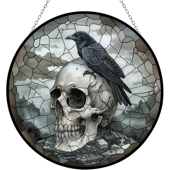 Skull Crow Suncatchers for Windows, Stained Glass Window Hangings,Hand-Painted Glass Panel Perfect for Home Décor