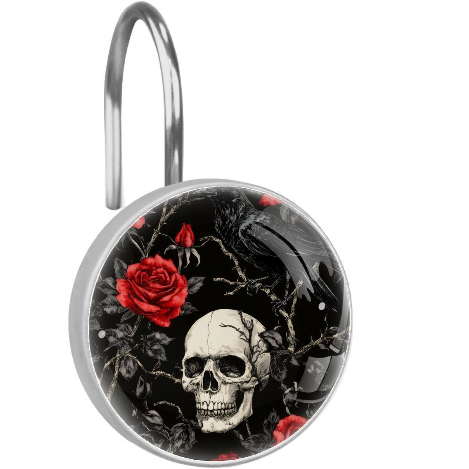 Skull Crow on Rose Branch Shower Curtain Hooks Round Crystal Glass, Set of 12 Shower Curtain Rings - Shower Hooks for Curtain Shower Rings