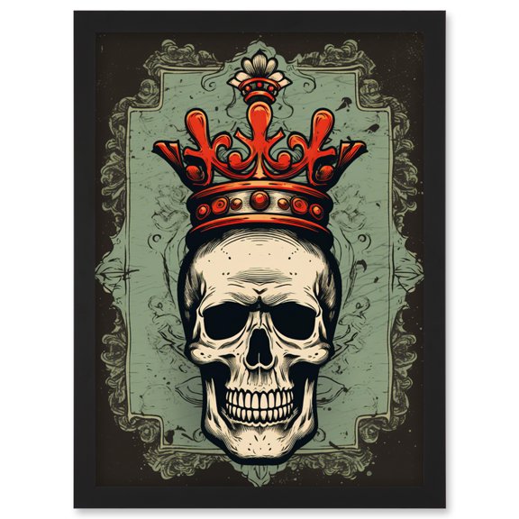 Skull Crown Art Nouveau Tattoo Ink Body Art Rockabilly Americana 50s Artwork Framed Wall Art Print A4
