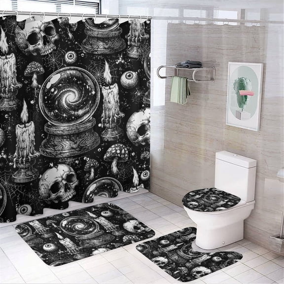 Skull Crystal Ball Candle Occult Bathroom Shower Curtain Sets,4 Pcs Waterproof Fabric Shower Curtain 72"x72" with Non-Slip Flannel Bath Mat, U-Shaped Rug and Toilet Lid Cover for Bathroom Decor