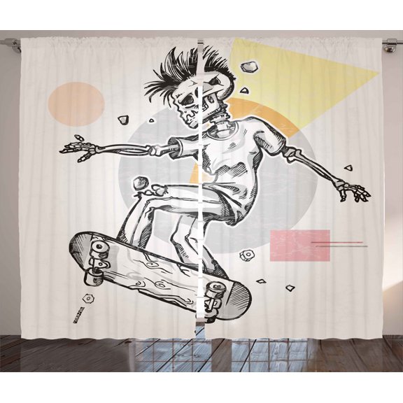 Ambesonne Skull Curtains 2 Panel Set, Skating Skeleton Boy, 108" x 96", Pale Grey and Cream