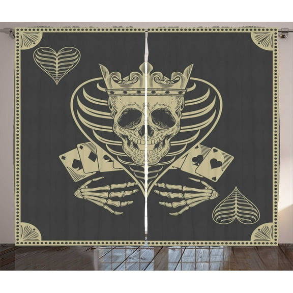 Ambesonne Skull Curtains 2 Panel Set, Vector Skull Poker Cards, 108" x 90", Dark Grey Tan Beige