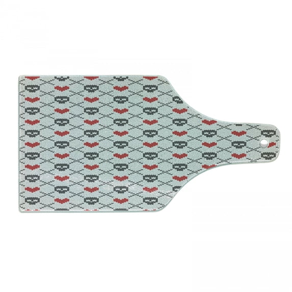 Skull Cutting Board, Geometric Skulls and Hearts Crosses Stitch Work Knitted Nordic Pattern Print, Tempered Glass Cutting and Serving Board, Wine Bottle Shape, Grey Red Coconut, by Ambesonne