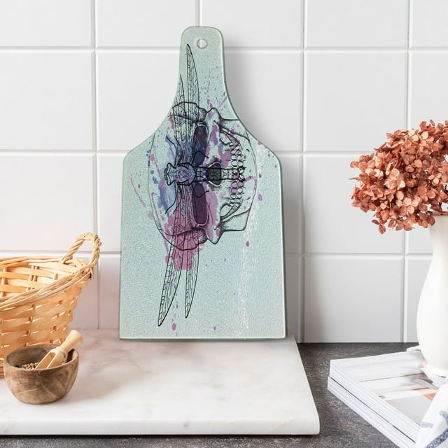 Skull Cutting Board, Grunge Illustration of Human Skull Dragonfly with Watercolor Splash Sketchy, Tempered Glass Cutting and Serving Board, Wine Bottle Shape, Purple Pink Black, by Ambesonne