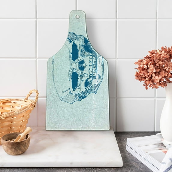 Skull Cutting Board, Hand Drawn Human Skull with Science Elements Background Theme Illustration, Decorative Tempered Glass Cutting and Serving Board, Wine Bottle Shape, Blue White, by Ambesonne