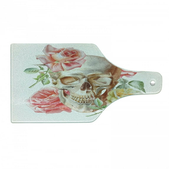 Skull Cutting Board, Roses Living and the Dead Humor Romantic Evil Face Image Art Design, Decorative Tempered Glass Cutting and Serving Board, in 3 Sizes, by Ambesonne