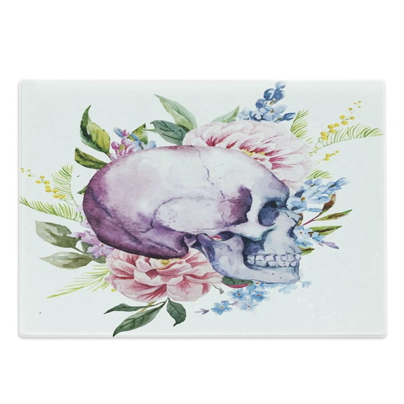 Skull Cutting Board, Watercolor Abstract Dead Human Head with Floral Details Leaves Buds Flowers Print, Decorative Tempered Glass Cutting and Serving Board, Large Size, Purple Green, by Ambesonne