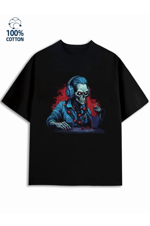 Skull DJ Tee for men fire skeleton 180G 100% Cotton black 3d idk Retro Unisex Shirt Cotton tshirts Trendy Unisex Shirt Short Sleeve tshirts Casual Unisex Shirt Graphic tshirts