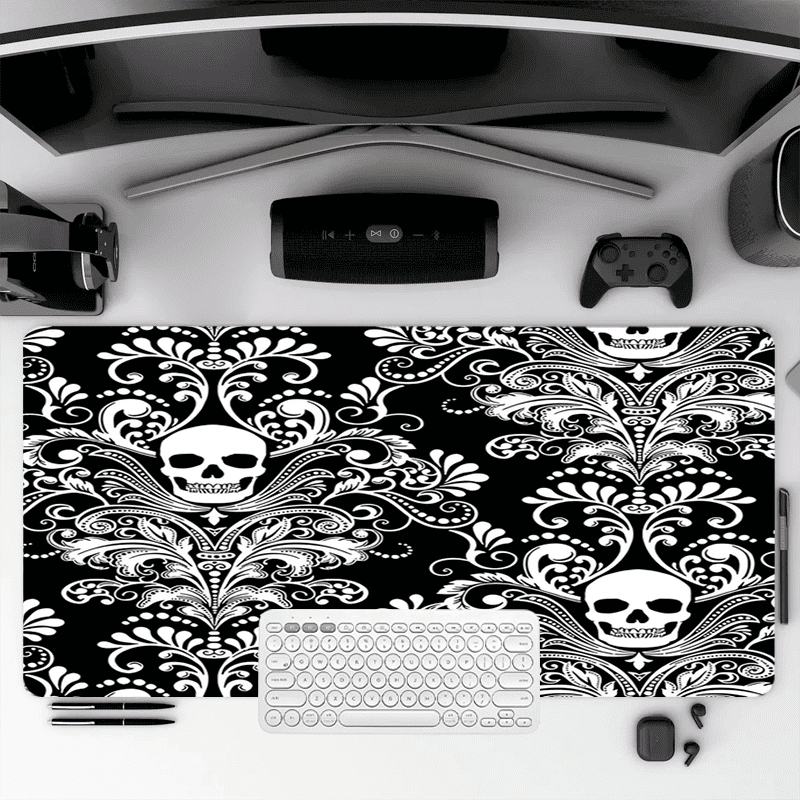 Skull Damask Pattern Mouse Pad 35.4 x 15.8 Inches Black and White Gothic Design for Desk Use