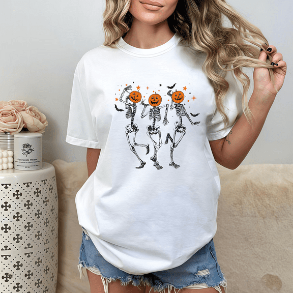 Halloween short-sleeved, round-neck Three Happy Skulls, pumpkin heads, dancing patterns white S-5XL