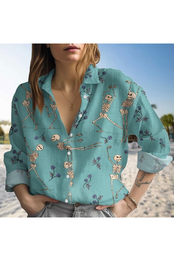 Skull Dancing Blouses Shirt, Skull Women Casual Shirt, Women's Clothing, Button Up Shirt, Long Sleeve Shirt, Gift For Her