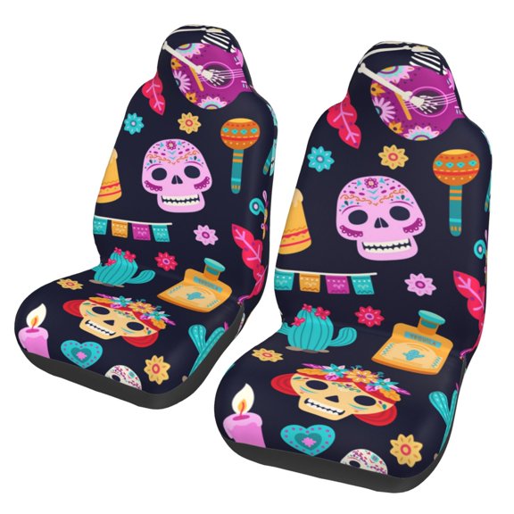 Skull Day Dead Mexican Flower Car Seat Cover 2 Pcs Auto Front Bucket Seats Protector Cushion Universal Vehicle Truck SUV